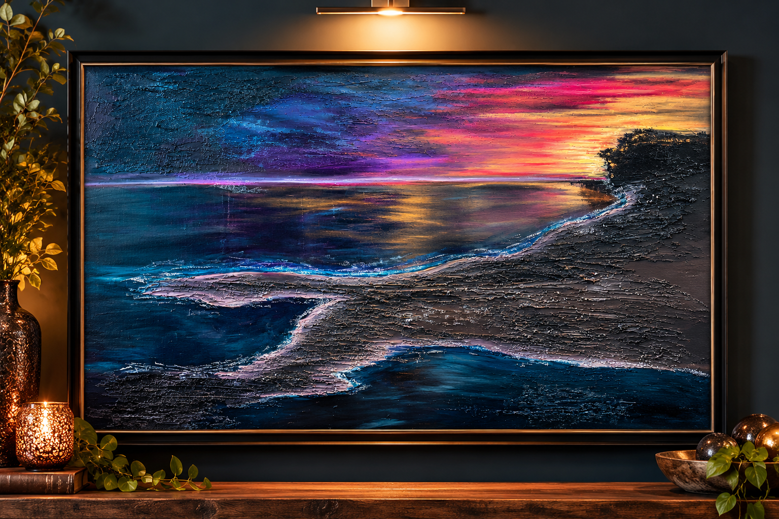 Where the Darkness Meets the Light — shoreline at dusk, electric horizon between dark earth and fire sky, 24x36 mixed media acrylic on canvas