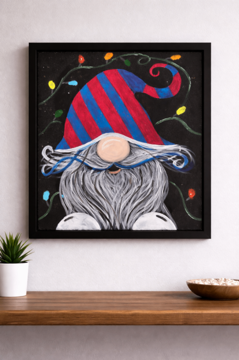 Holiday commission inspiration — gnome with red and blue striped hat tangled in colorful string lights on black ground